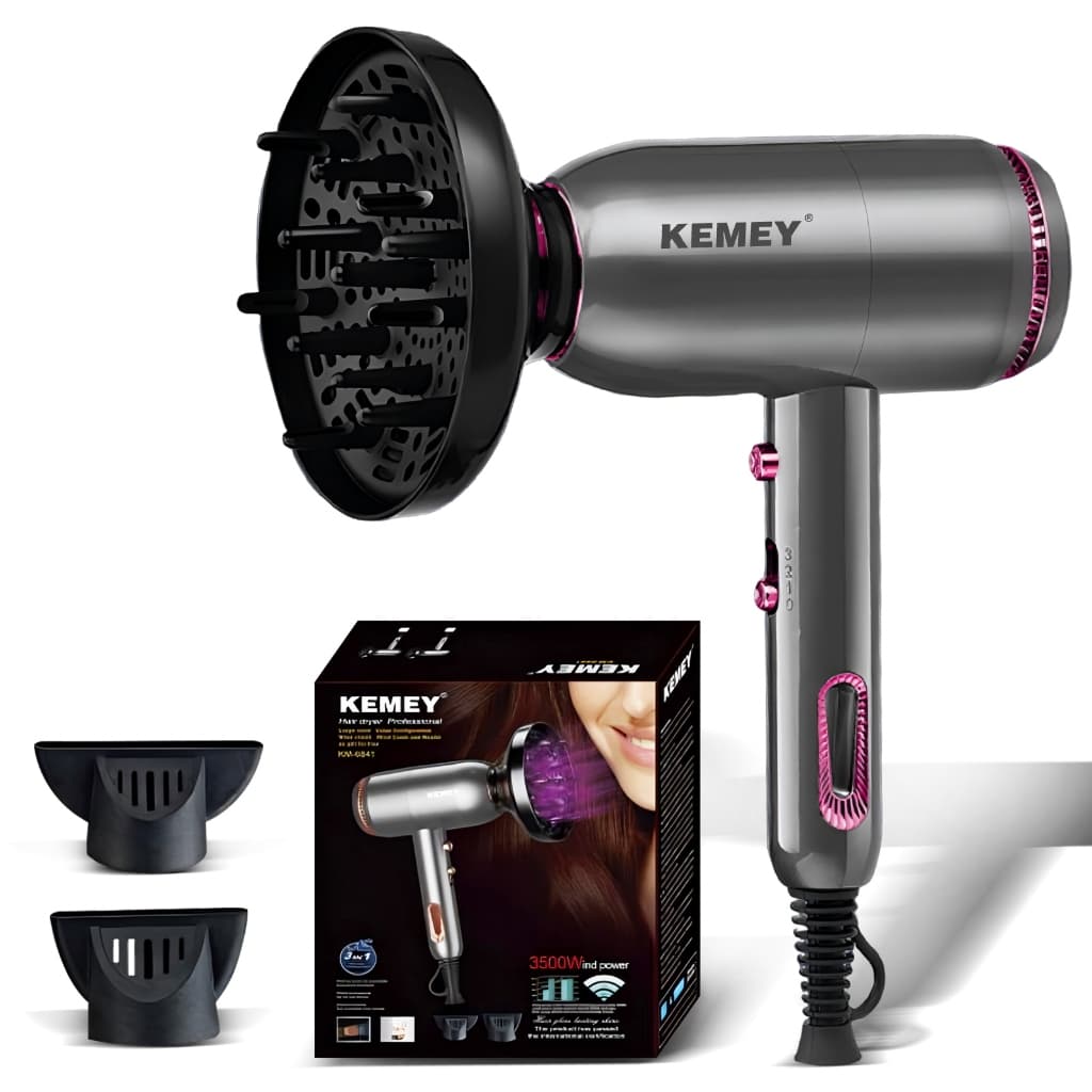 Secador Kemei Profissional 3500W com Difusor - Design Cerâmico, Anti-Frizz, Rápido e Potente