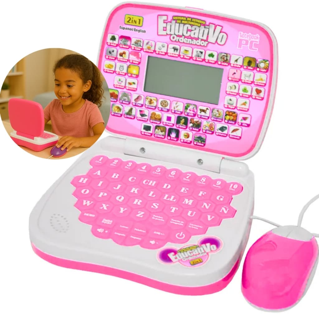 Laptop Infantil Bilíngue Educativo Com Mouse Aprende Inglês Brinquedo Rosa