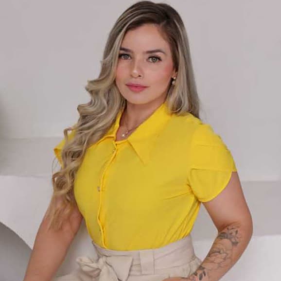 Camisa Social Amarela Feminina com botões delicada Blusa Manga Curta Renda Evangelica Romântica Slim Trabalho Festa
