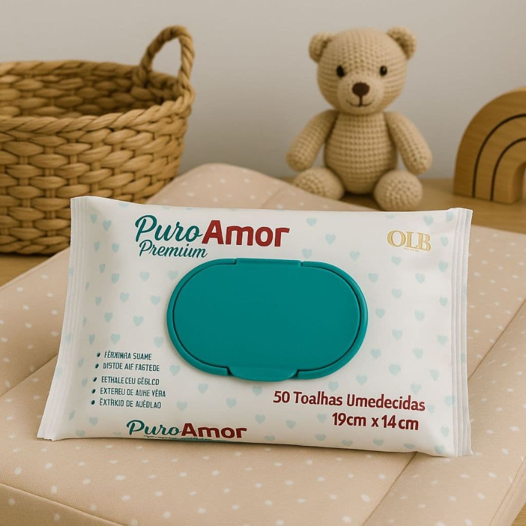 Toalhas Umedecidas Puro Amor Premium 50 Unid – Aloe Vera e Lanolina, Sem Álcool, Para Bebês