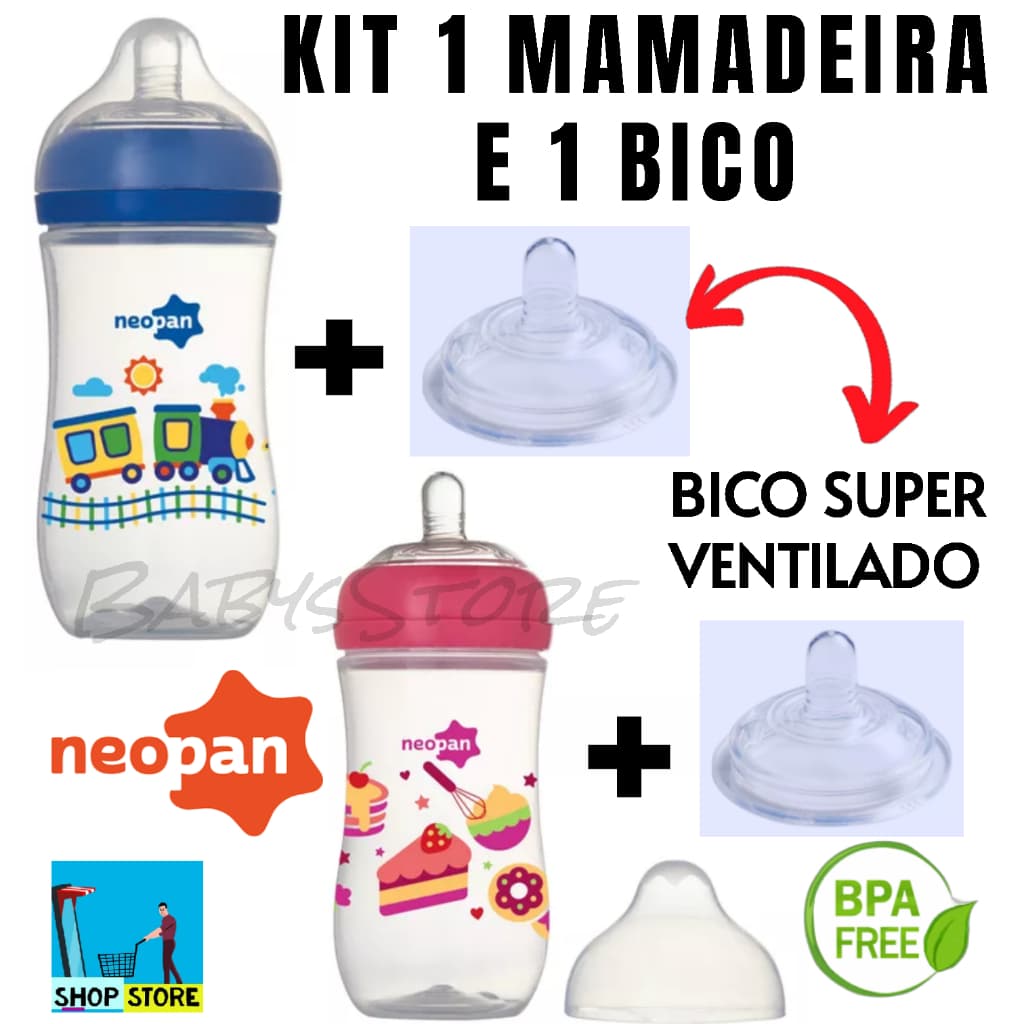KIT 1 MAMADEIRA  SUPER VENTILADA 300ML  E 1 BICO DE REPOSIÇÃO NEOPAN