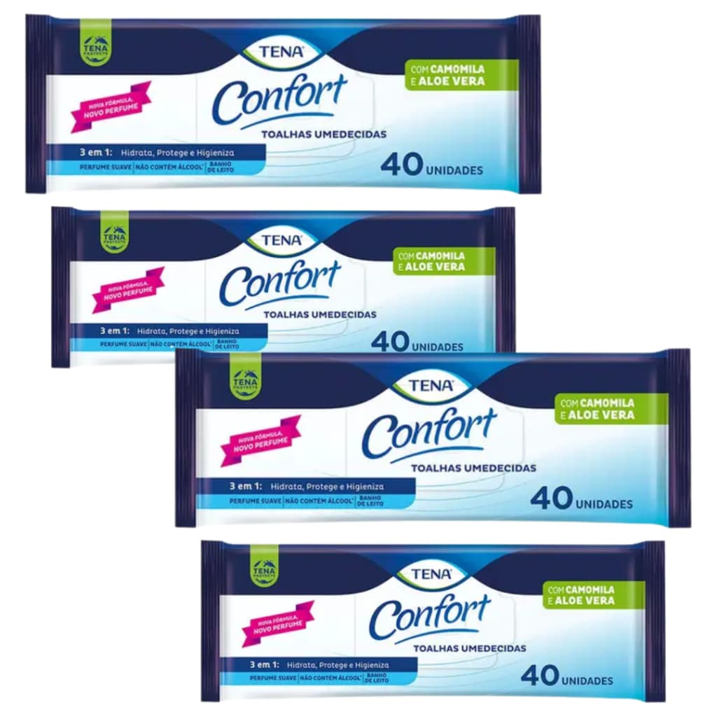 Kit 4 Pacotes de Toalhas Umedecidas Tena Confort Suave C/40un Lenços