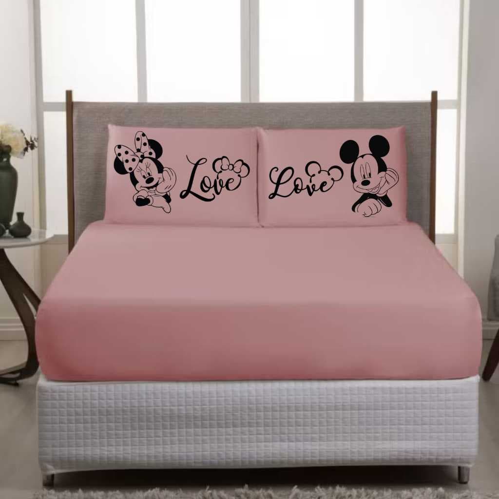 JOGO DE LENÇOL CASAL 3 PEÇAS DE LUXO MICKEY E MINNIE LOVE FRONHA TRAVESSEIRO LENÇOL DE ELASTICO