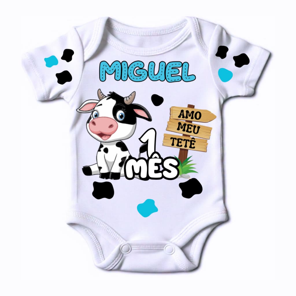 Body bebe mesversario personalizado com nome e mes tema vaquinha eu amo meu tete vaca menino menina 1 a 12 meses