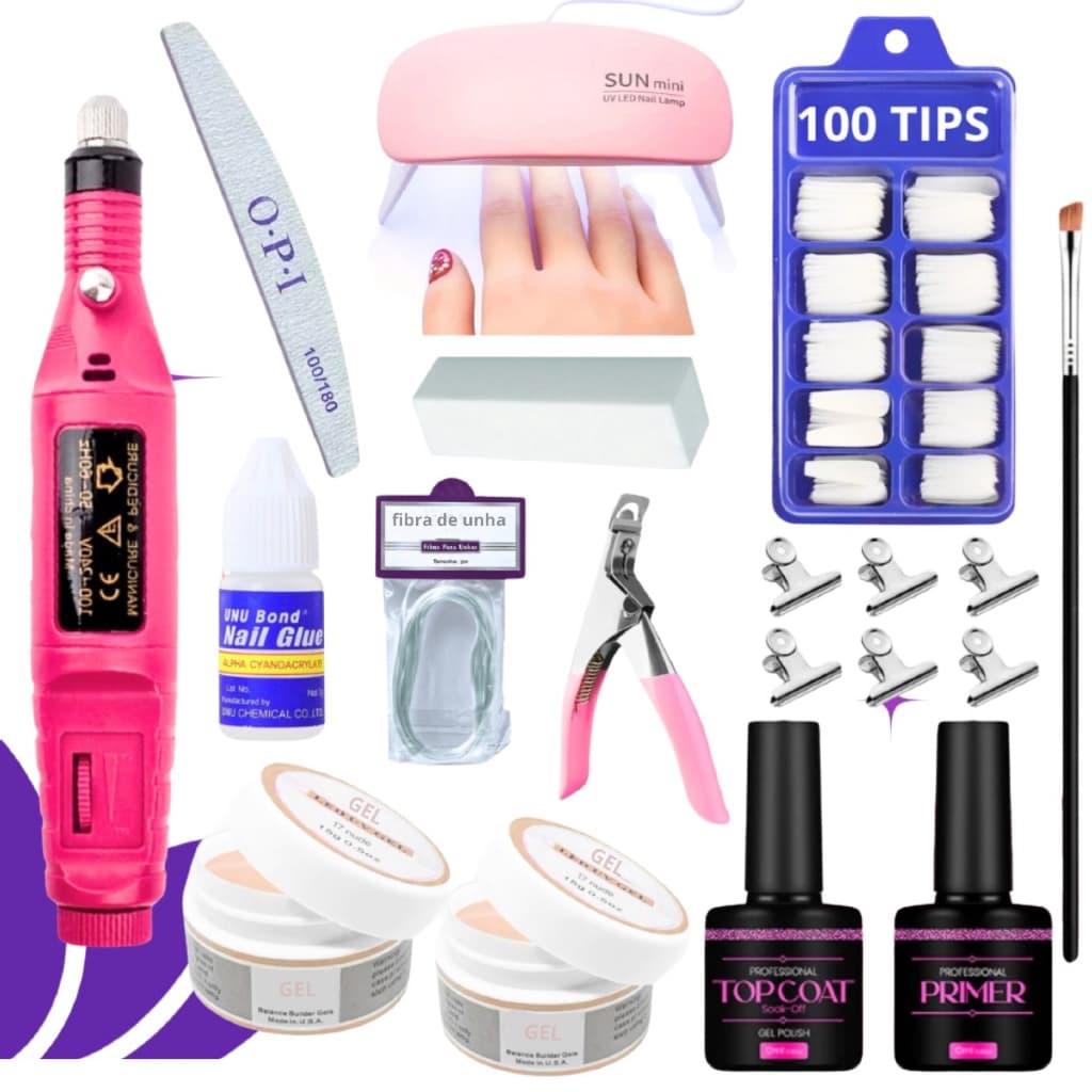 Kit Unha Gel Manicure Completo Profissional + Lixa Elétrica + Mini Cabine + Tips + Cola Unha + Fibra