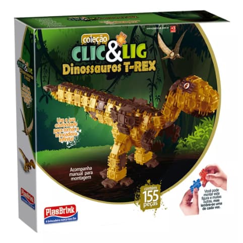 Brinquedo Dinossauro T-rex 155 Peças Clic & Lig Plasbrink Brinquedo de Montar Tipo Lego