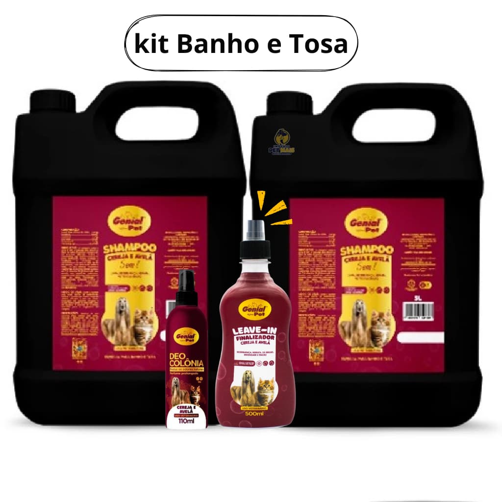 2 Shampoo 5L + 1 Leave-in 500ml + Colônia Cereja e Avelã para Cães e Gatos Genial Pet Banho e Tosa