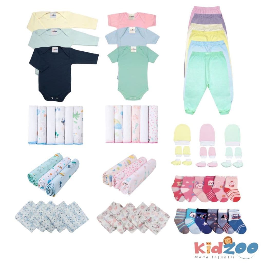 Kit C/25 Peças Body Mijão Touca/Luva/Meia Cueiro Fralda de Pano Babete Roupas Bebê Maternidade Enxoval 100% Algodão