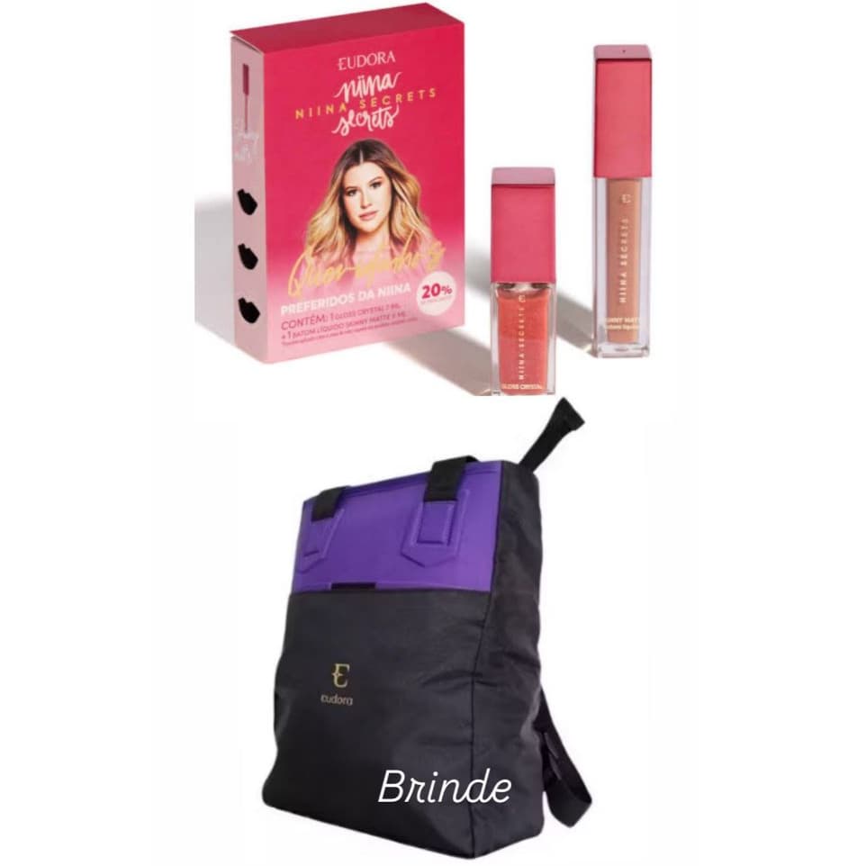 Eudora Kit Queridinhos da Niina: Batom Líquido Matte 5ml + Gloss Crystal 7ml + Bolsa Mochila Brinde