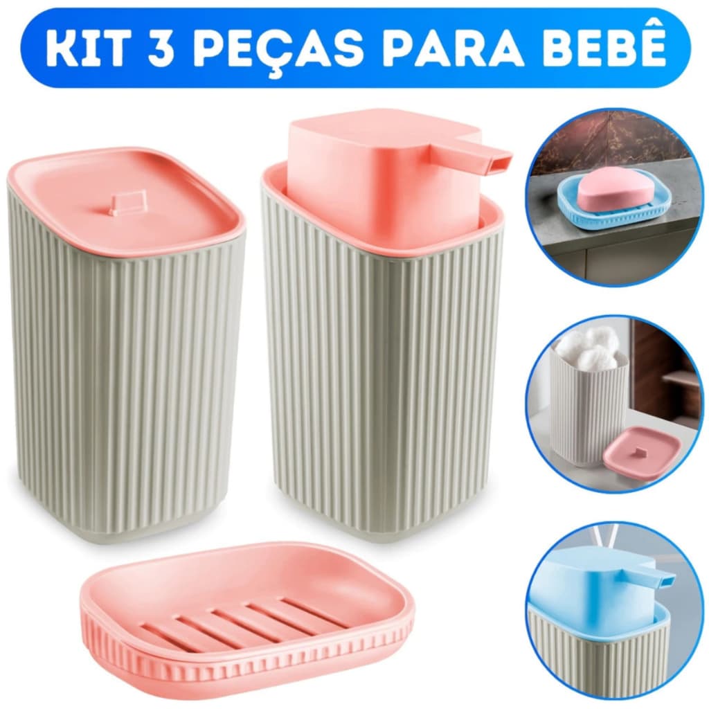 Kit Porta Algodão, Porta Sabonete Líquido e Saboneteira com Escorredor Para Bebês Linha Baby