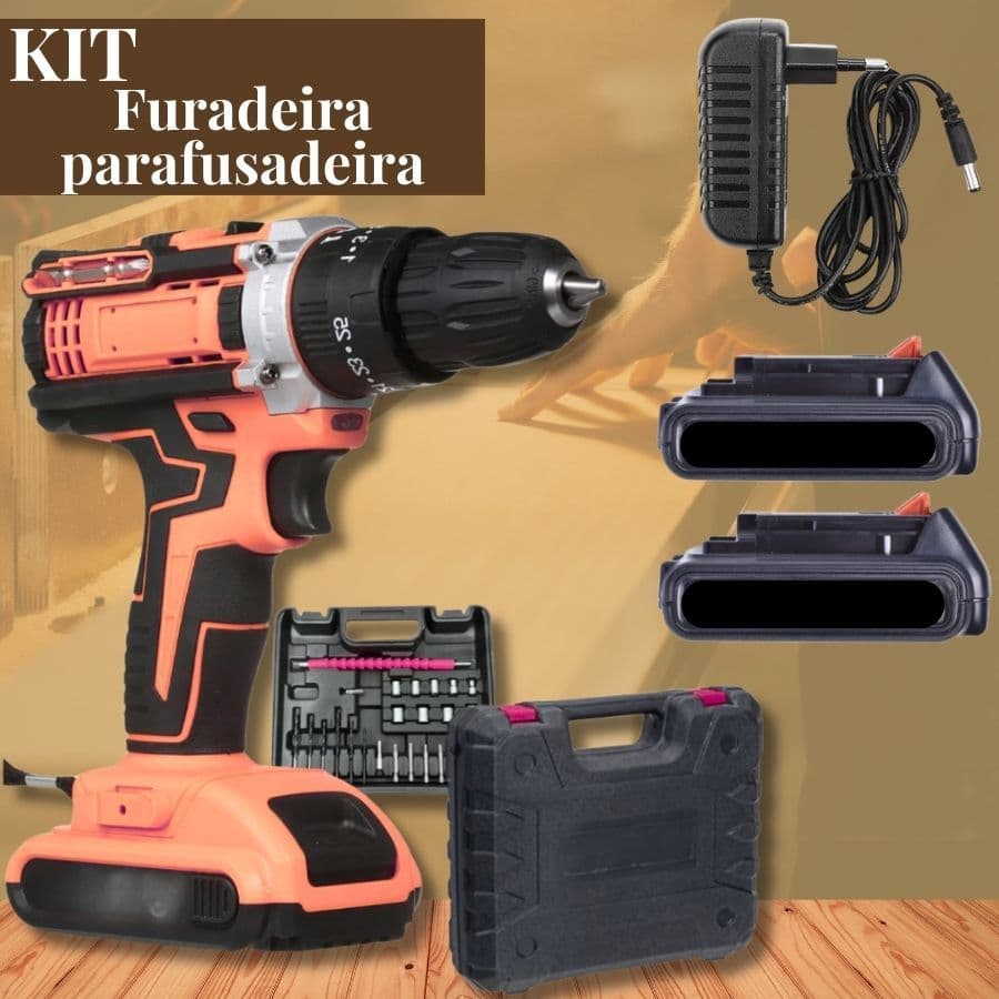 Parafusadeira Furadeira Maleta Completo Broca Bits 21V 36V 2 Baterias Bivolt Sem Fio Impacto Maleta