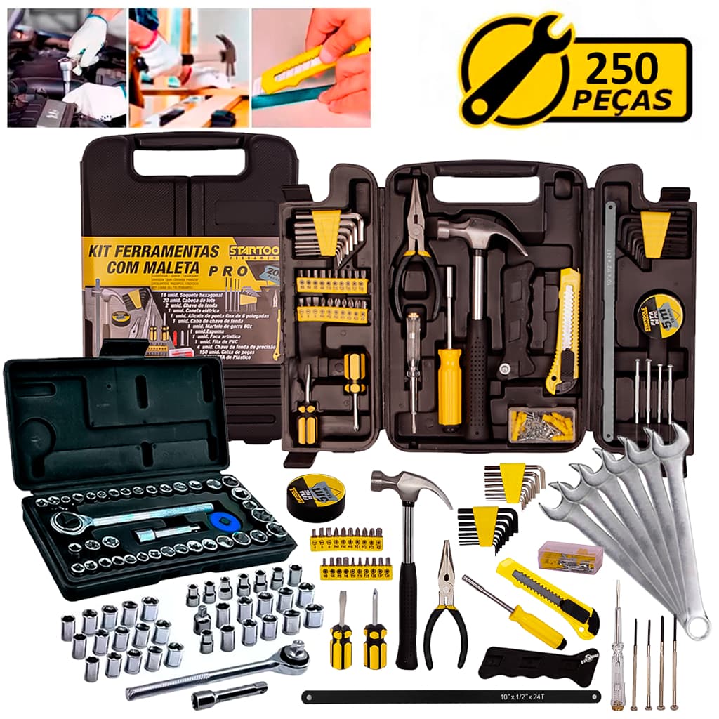 Kit Jogo De Ferramentas 250 Peças Soquetes Chave Catraca Reversível Chaves Combinadas Completo