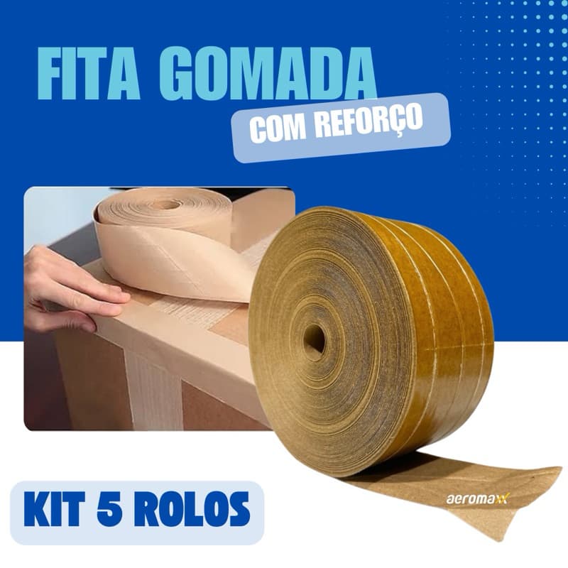 Kit 5 Rolos Fita Gomada C/ Reforço 70mm Resistente p/ Caixa de Papelão Embalagens Ecommerce- 1,0Kg