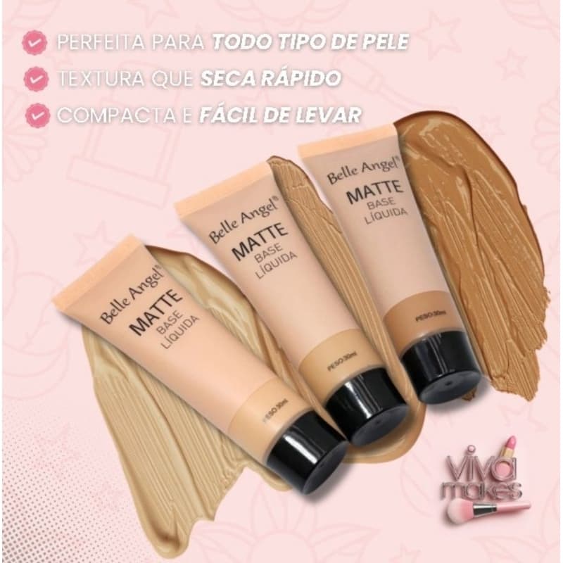 Base Líquida Belle Angel B110-2 Alta Cobertura Acabamento Natural Longa Duração e Leveza