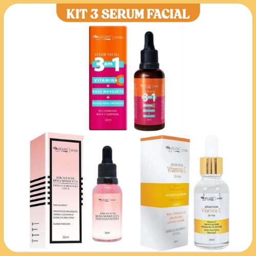 Kit 3 Sérum Max Love Vitamina C Sérum 3 em 1 e Rosa Mosqueta Skincare Facial