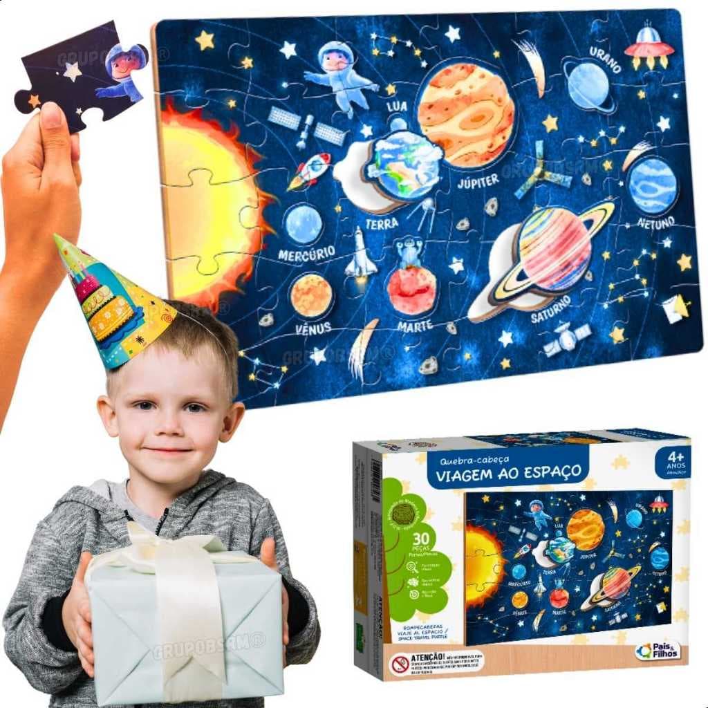 Quebra Cabeça MDF Infantil Planetas Espaço Astronauta 4 Anos Presente Educativo Natal Menino Menina