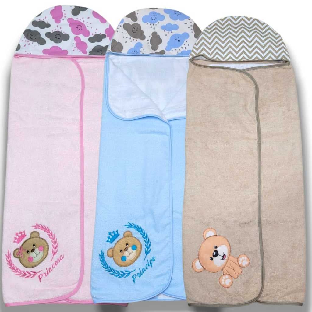 Toalha Bebê Infantil Capuz Forrada Bordada No Tecido 100% Algodão Forro Branco Fralda