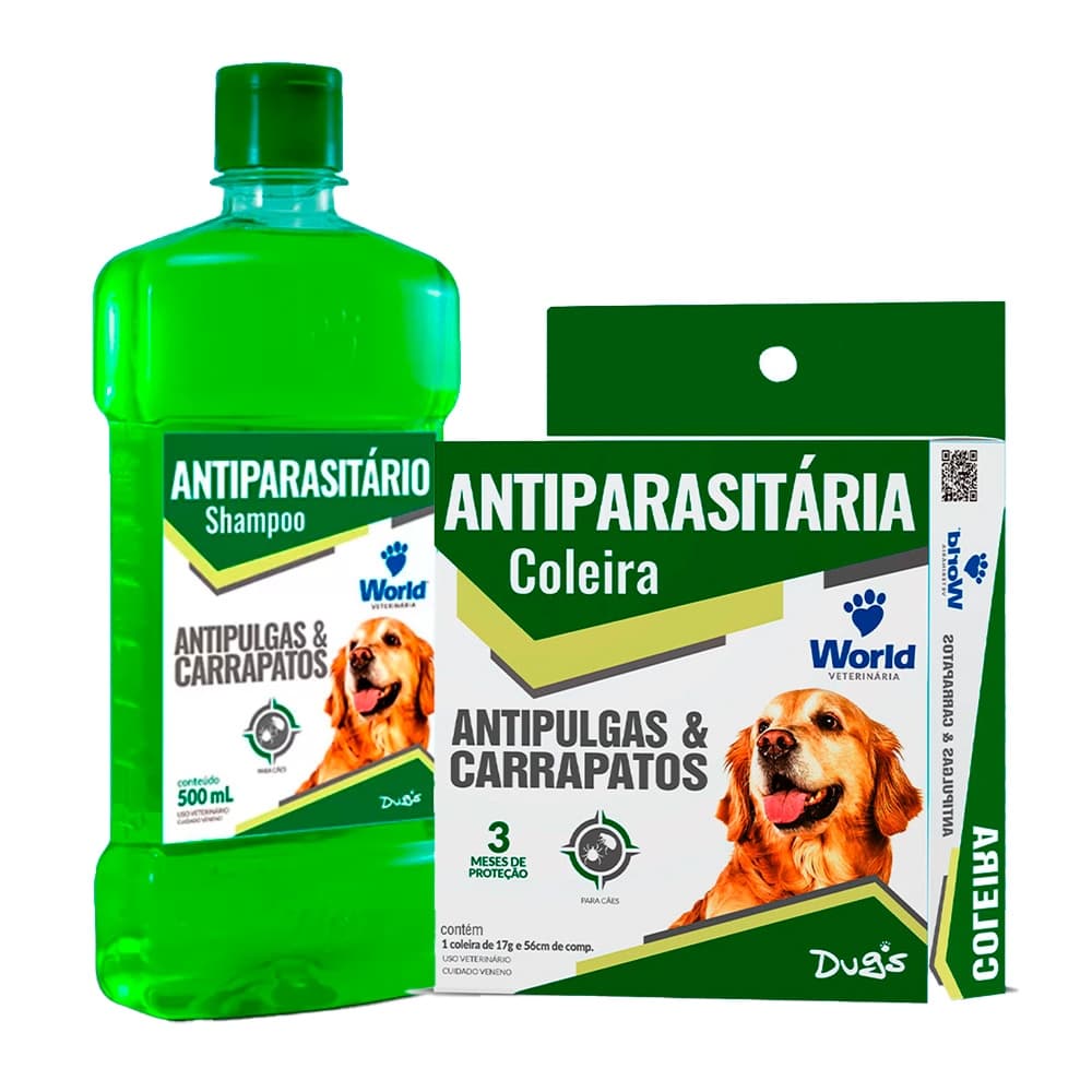 Kit Antiparasitário Dug’s World Para Cães Shampoo 500ml + Coleira 56cm