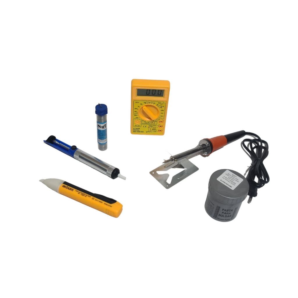 kit ferro de solda 60w 110v + multimetro digital  + caneta teste + estanho + pasta + sugador
