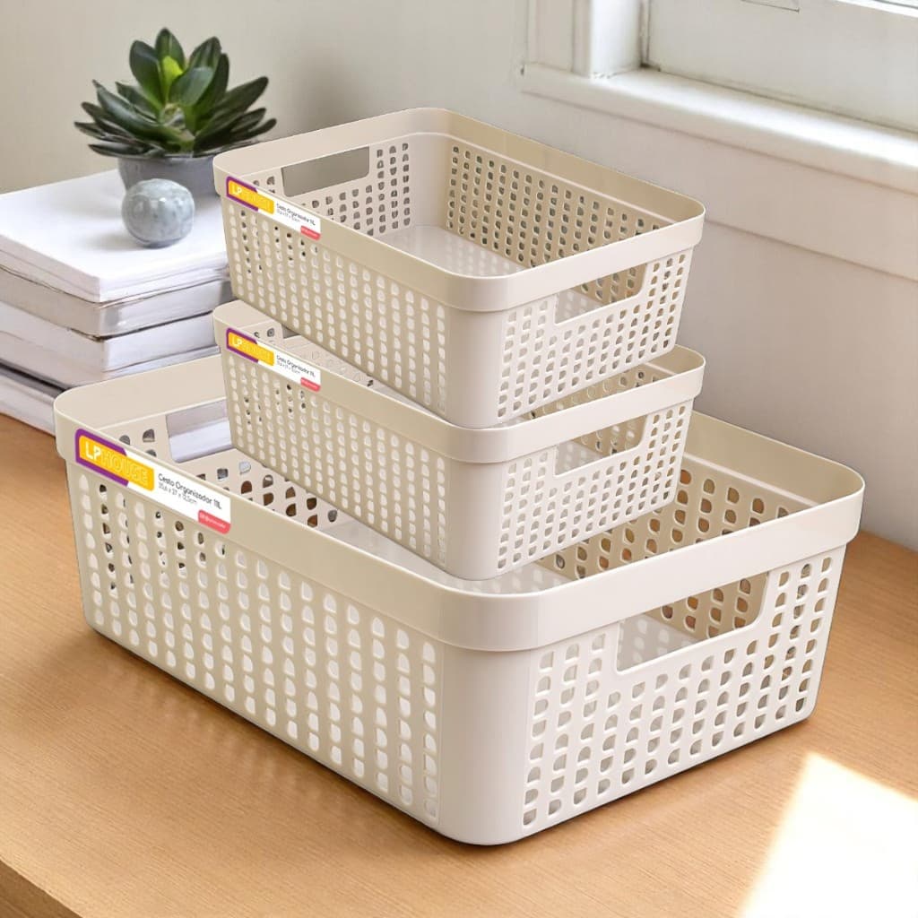 Kit 3 Cestos Organizadores em Plástico Resistente Empilhável 11 L 2 L Multiuso Cozinha Banheiro