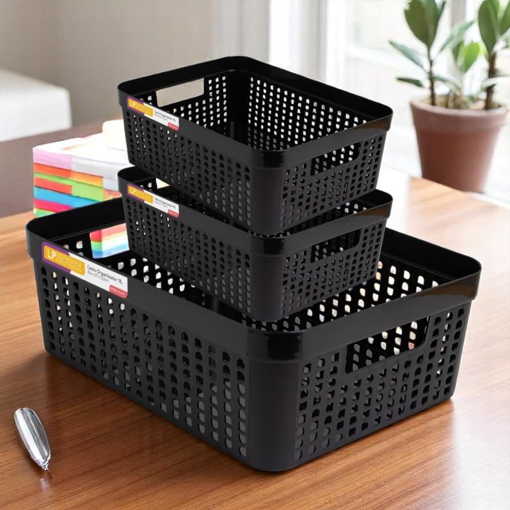 Conjunto 3 Cestos Organizadores em Plástico Resistente Empilhável 11 L 2 L Multiuso Cozinha Banheiro
