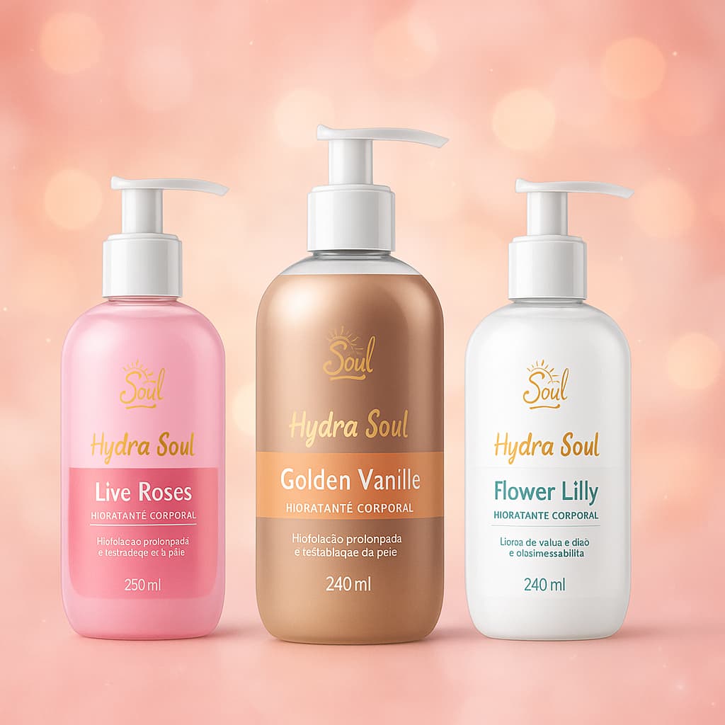 Kit 3 Hidratante Corporal - Babasoul Soul Cosméticos 240ml – Fragrâncias FLOWER LILLY, LIVE ROSE, GOLDEN VANILLE