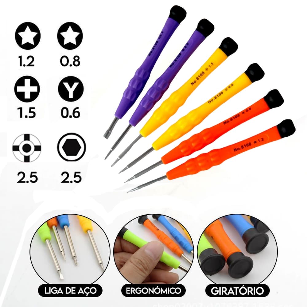 Kit Chaves 8 em 1 Ferramentas para Abrir Celular iPhone Android Tablet com Espátula