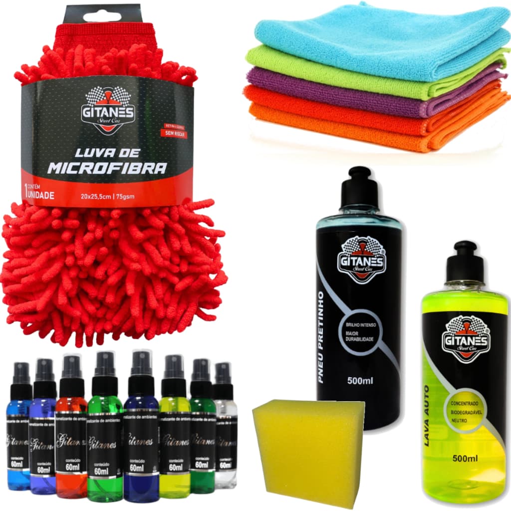 Kit Lavagem Automotiva Carro Moto Luva Pano Microfibra Pretinho Aplicador Lava auto Aromatizador