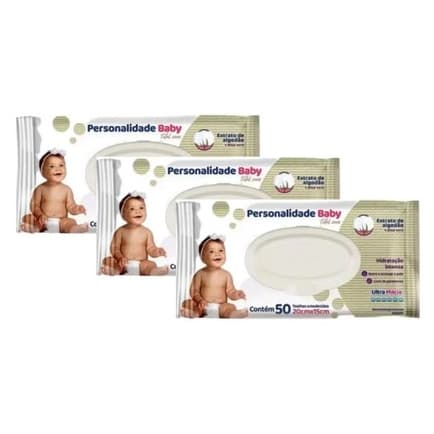 Toalhas Umedecidas Personalidade Baby Total Care contém 50 unidades Kit com 3 pacotes
