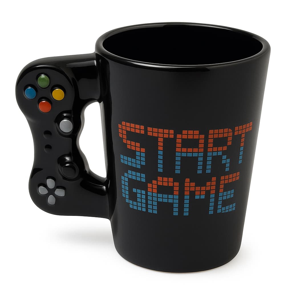 Caneca 3D Start Game Controle Video Game Preta Cerâmica Brilhante Esmaltada Alto Relevo Exótica