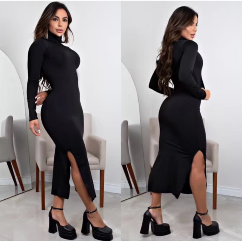 vestido manga longa preto vestido gola alta manga longa preto vestido preto fenda lateral vestido preto inverno