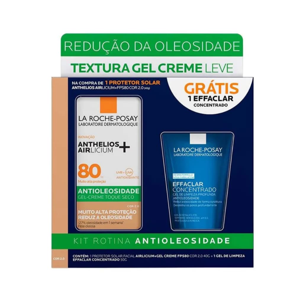 Kit La Roche-Posay Protetor Solar Anthelios FPS80 Cor 2.0 40g + Gel De Limpeza Effaclar 50g