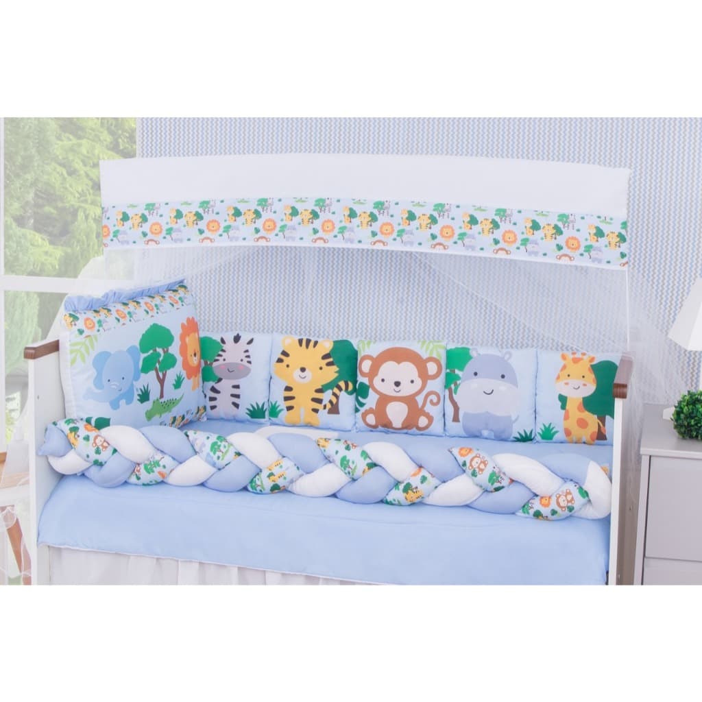 Kit Berço Sublimado Safari 13 Peças Completo Enxoval Bebê Antialérgico Macio Trança Proteção Conforto