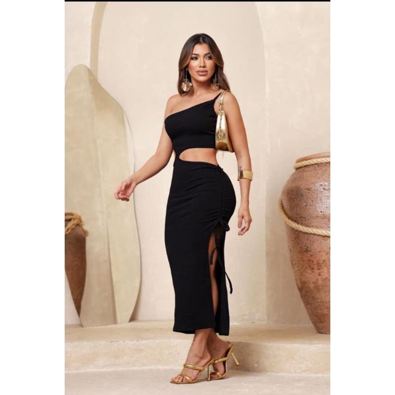vestido feminino longo tecido confortável ANARRUGA moda feminina com fenda lateral sem bojo