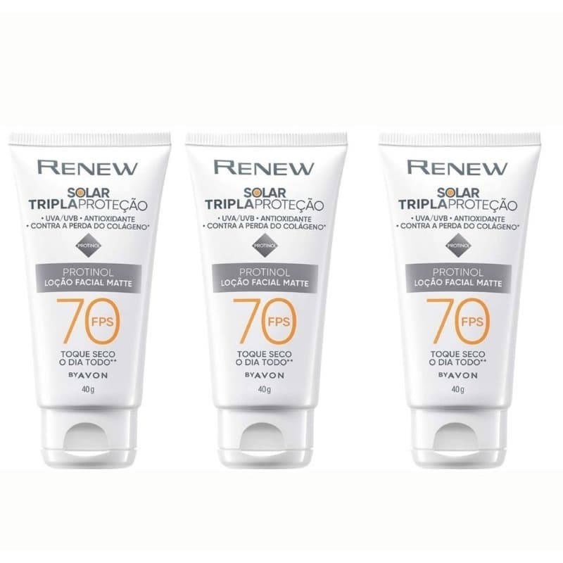 KIT COM 3 PROTETOR SOLAR  70FPS RENEW SOLAR  FACIAL MATTE PROTINOL TRIPLA PROTEÇÃO 40G