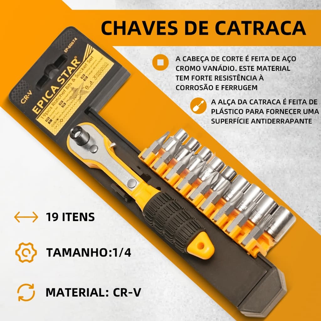 1/4" Jogo De Bits C/Chave catraca Soquetes Bits+Fenda-19 Peças MS-60674
