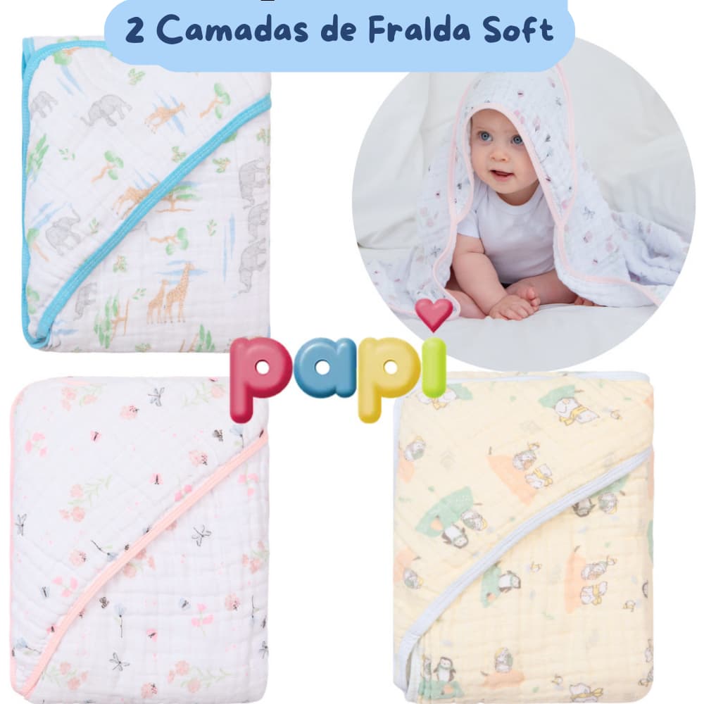 Toalha de Banho Bebe Infantil Tecido Fralda Soft  2 Camadas Recem Nascido Papi