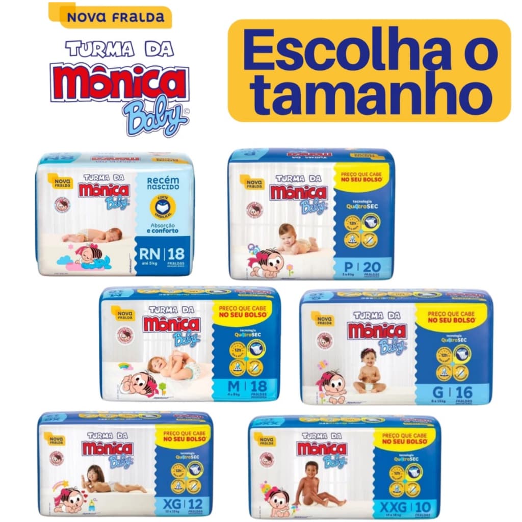 Fralda Descartavel Turma da Monica Pacote RN/ P/ M/ G/ XG/ XXG