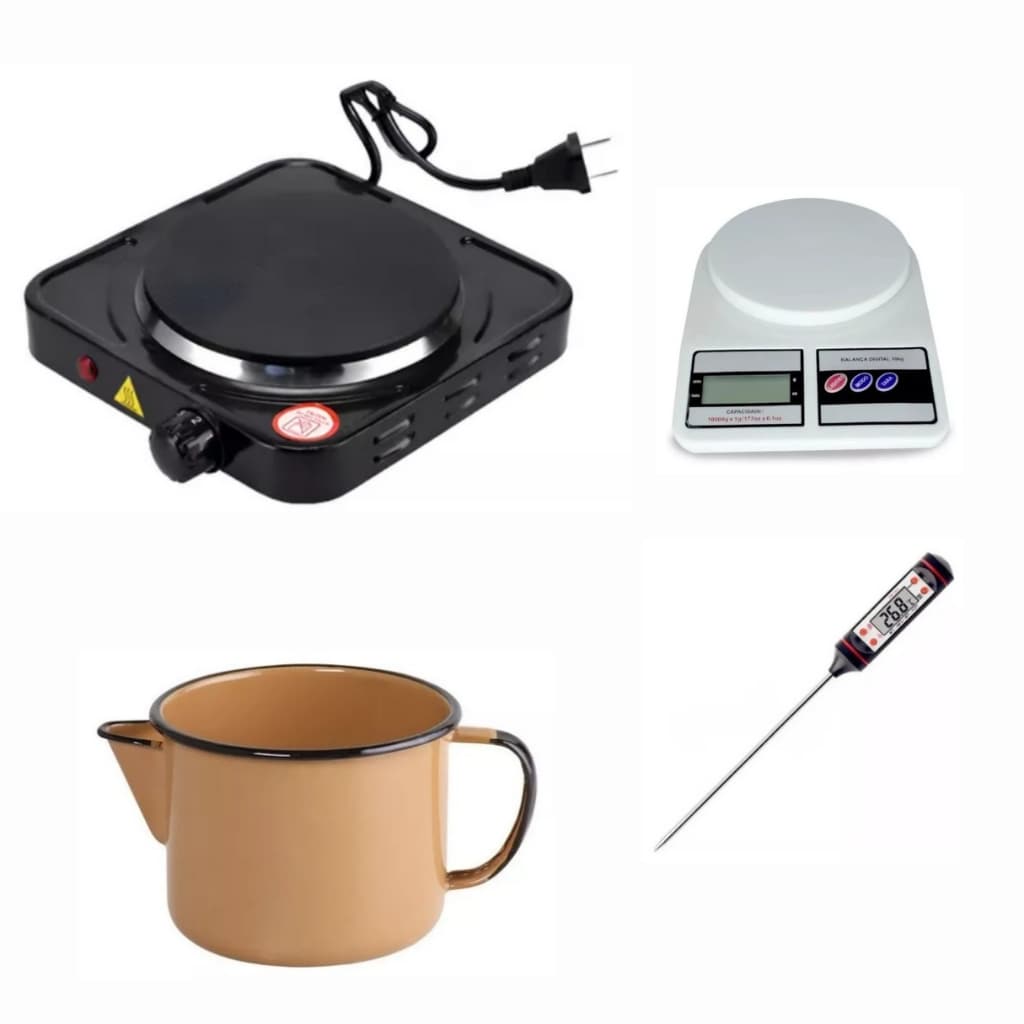 Kit Fogão Indução Caneca Esmaltada 1L Termômetro Balança Digital