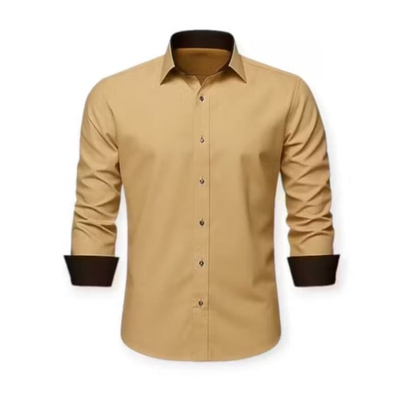 Camisa Social Manga Longa Masculino Slim Bege Camiseta Longa Cáqui