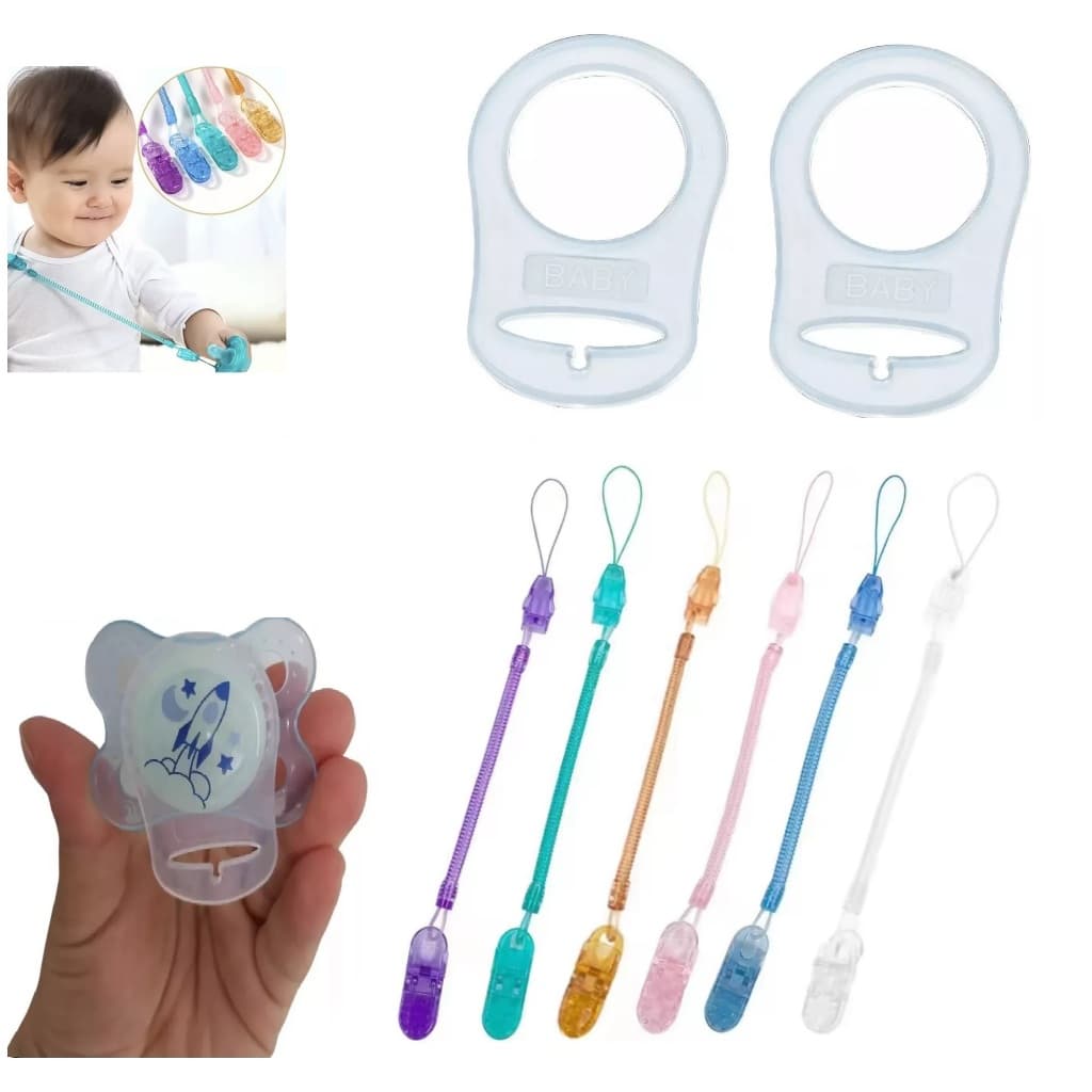 2 Prendedores De Chupeta Mola silicone + 2 Anel Adaptador para Chupeta Mam Nuk sem Alça