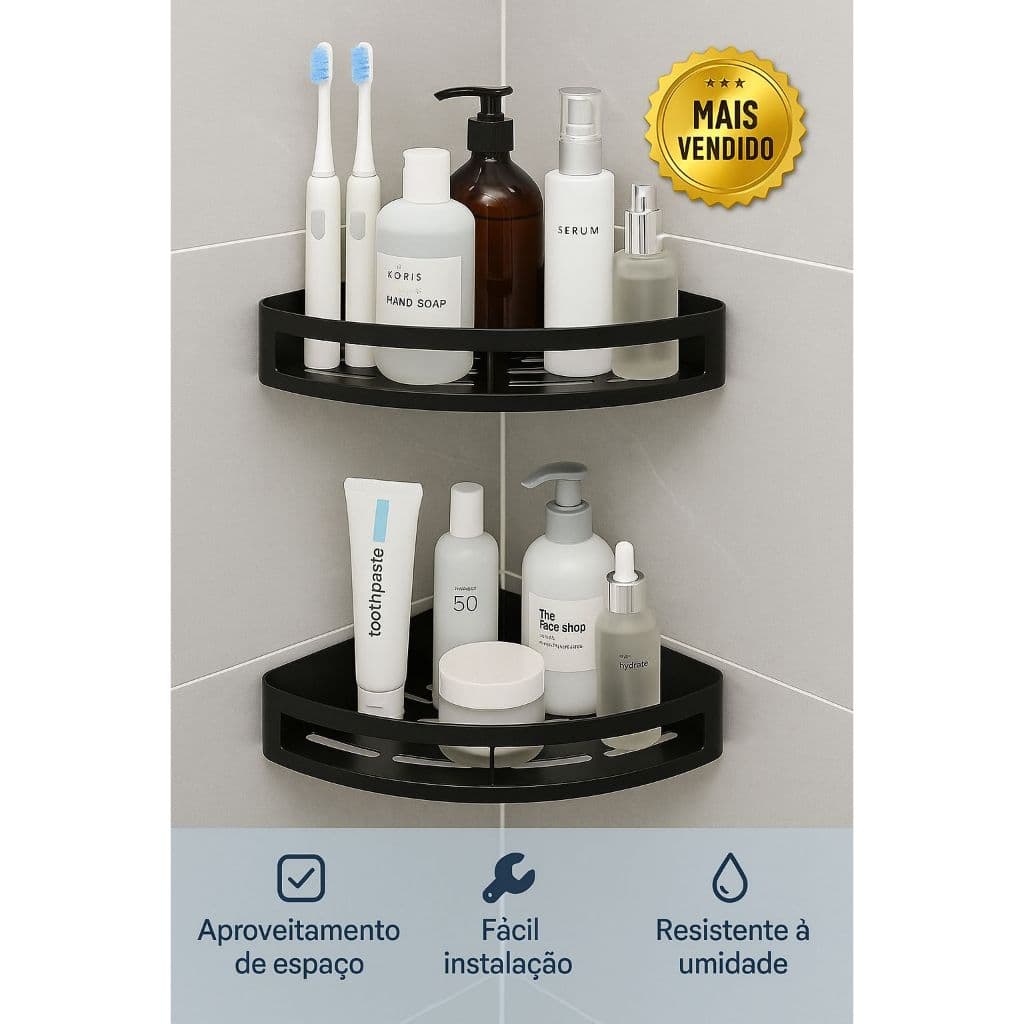 kit 2 Prateleiras Suporte Shampoo Multiuso Canto Em L - P/ Banheiro, Cozinha - Resistente - Sem Furo - Organizador