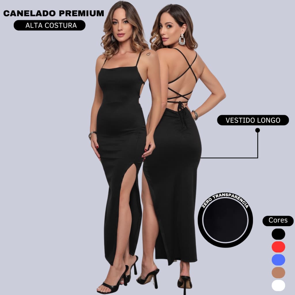 Vestido LONGO elegante com costas nuas trançadas Fenda Lateral Empina Bumbum Colado Novo
