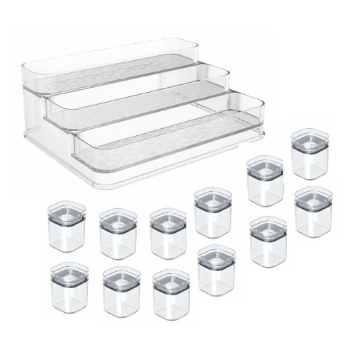 Kit Organizador de Temperos + 12 Potes Herméticos 150ml Transparente Translúcido Porta Tempero Plástico UZ