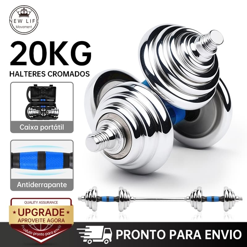 Kit Halteres Ajustáveis Anilhas Eletrogalvanizadas Barra Conexão Treino Muscular Casa 10/15/20kg