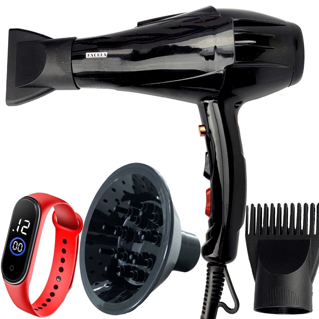 Secador De Cabelos Excela 2200w Profissional Íons Ar Quente Frio Com Difusor De Cachos RTE