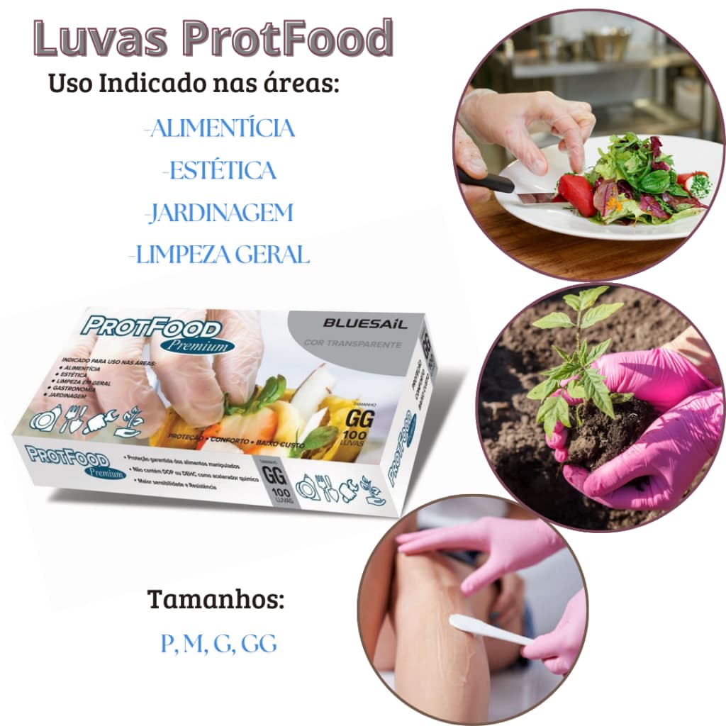 Caixa com 100 Luvas ProtFood Alimentícia Grastronomia restaurante Estética Limpeza Geral Proteção