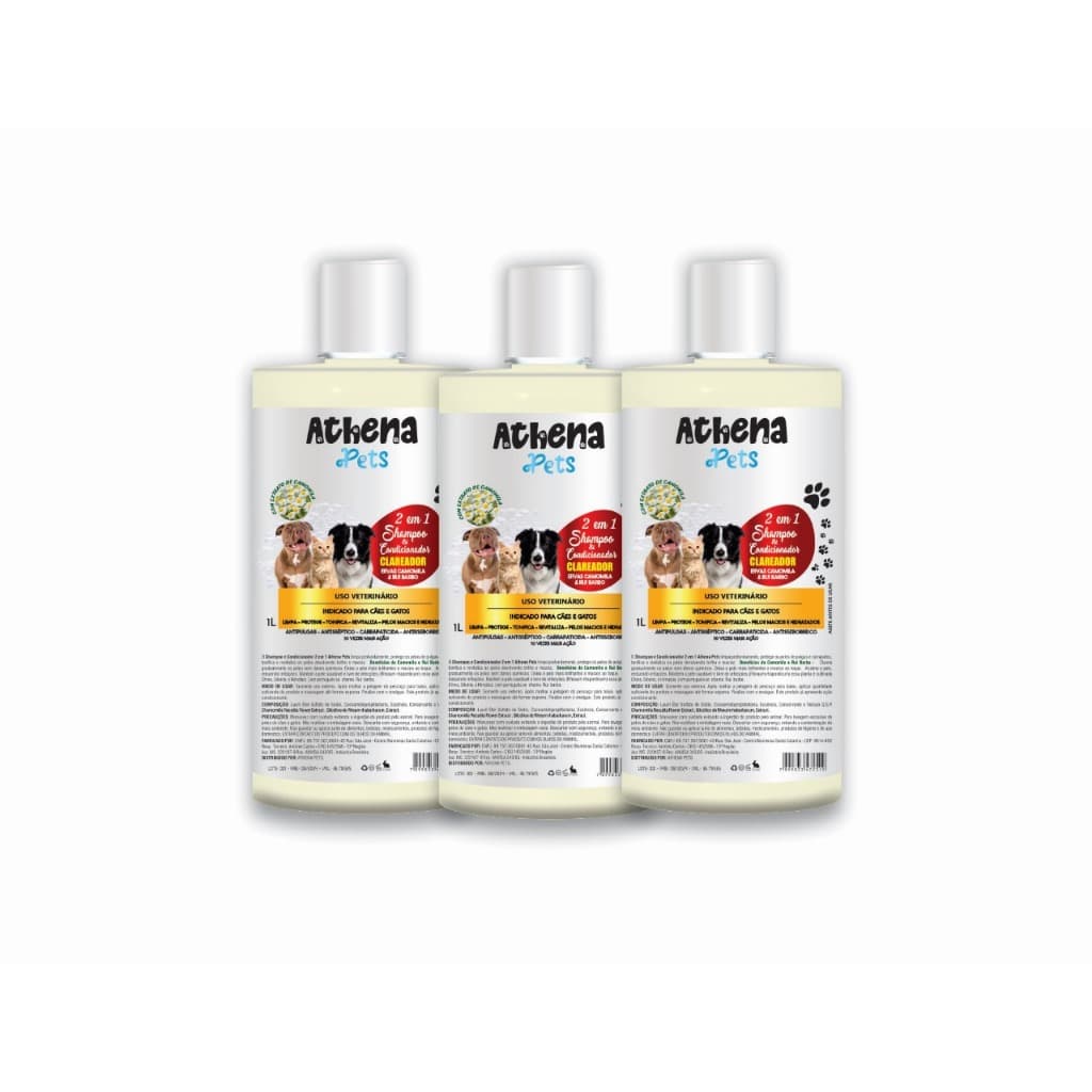 Kit com 3 Unidades  Shampoo  Condicionador Pet Para Cachorros e Gatos Branqueador 1Lt 2 Em1 Camomila Linha Pet Shop P