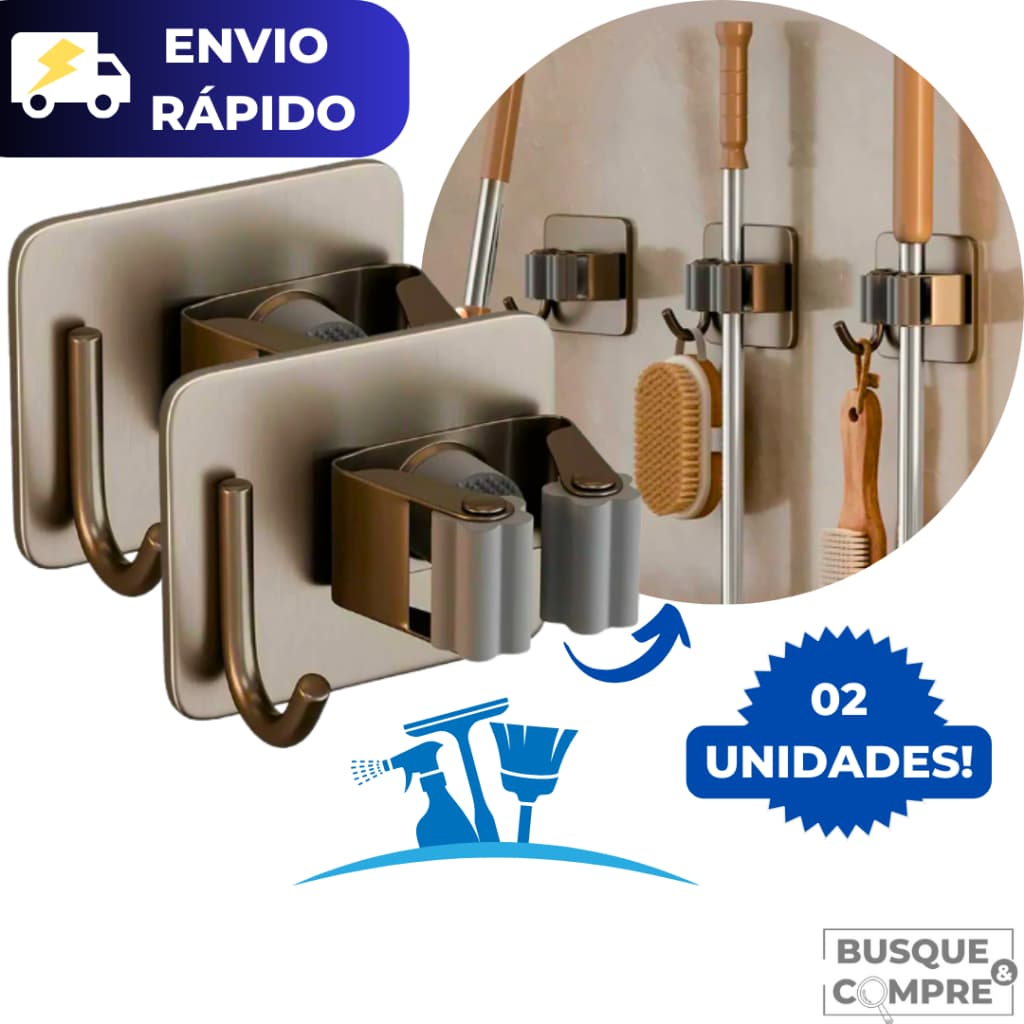2 Gancho de Parede para Pendurar Vassouras Suporte para Rodo em Aço Inox Cozinha Banheiro Lavanderia