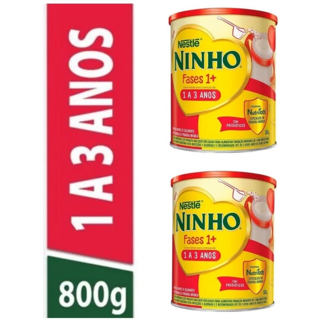 Kit 2 Latas Fórmula Infantil Em Pó Sem Glúten Nestlé Ninho Fases 1+ 1 a 3 Anos 800g